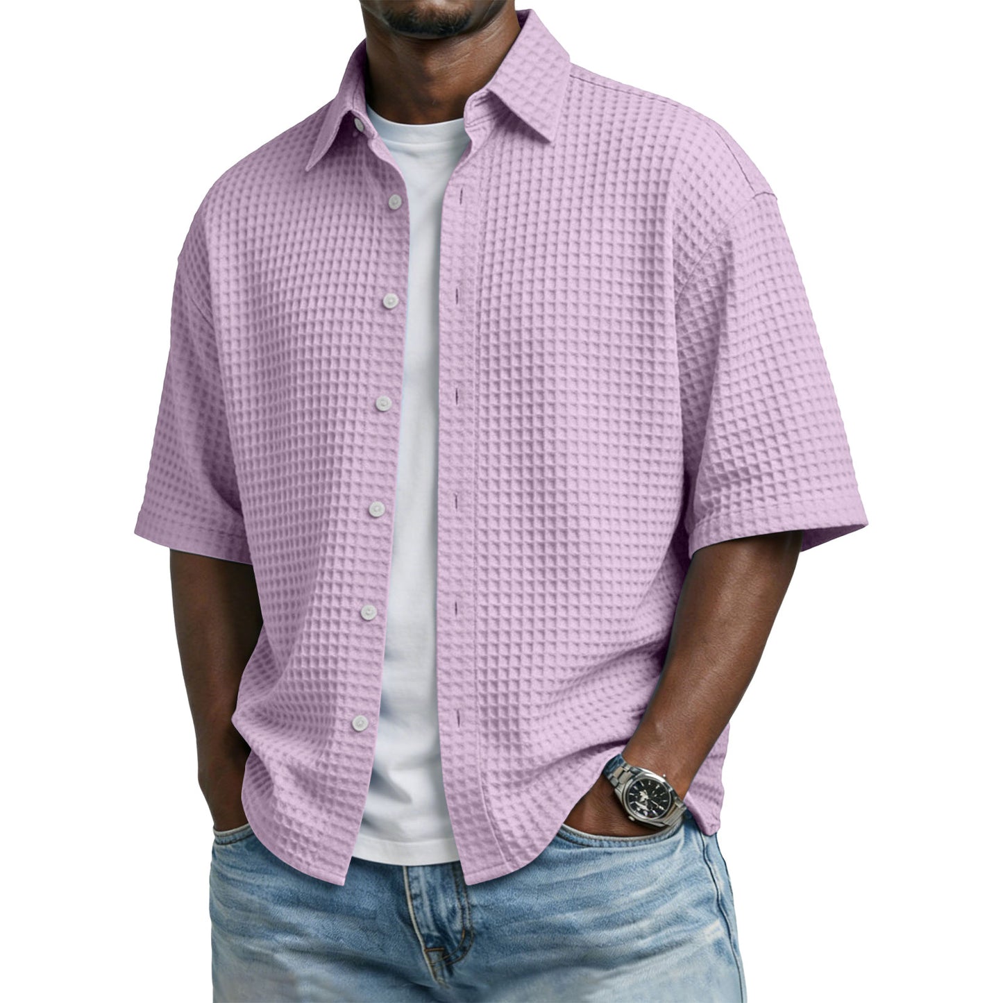 Men's Solid-Colored Waffle-Weave T-Shirt With Lapel Collar