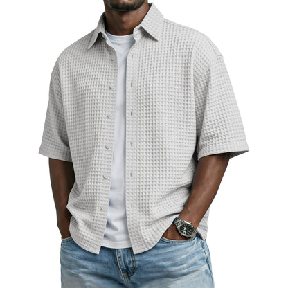 Men's Solid-Colored Waffle-Weave T-Shirt With Lapel Collar