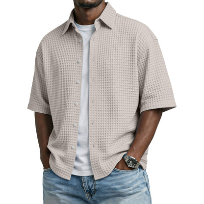 Men's Solid-Colored Waffle-Weave T-Shirt With Lapel Collar